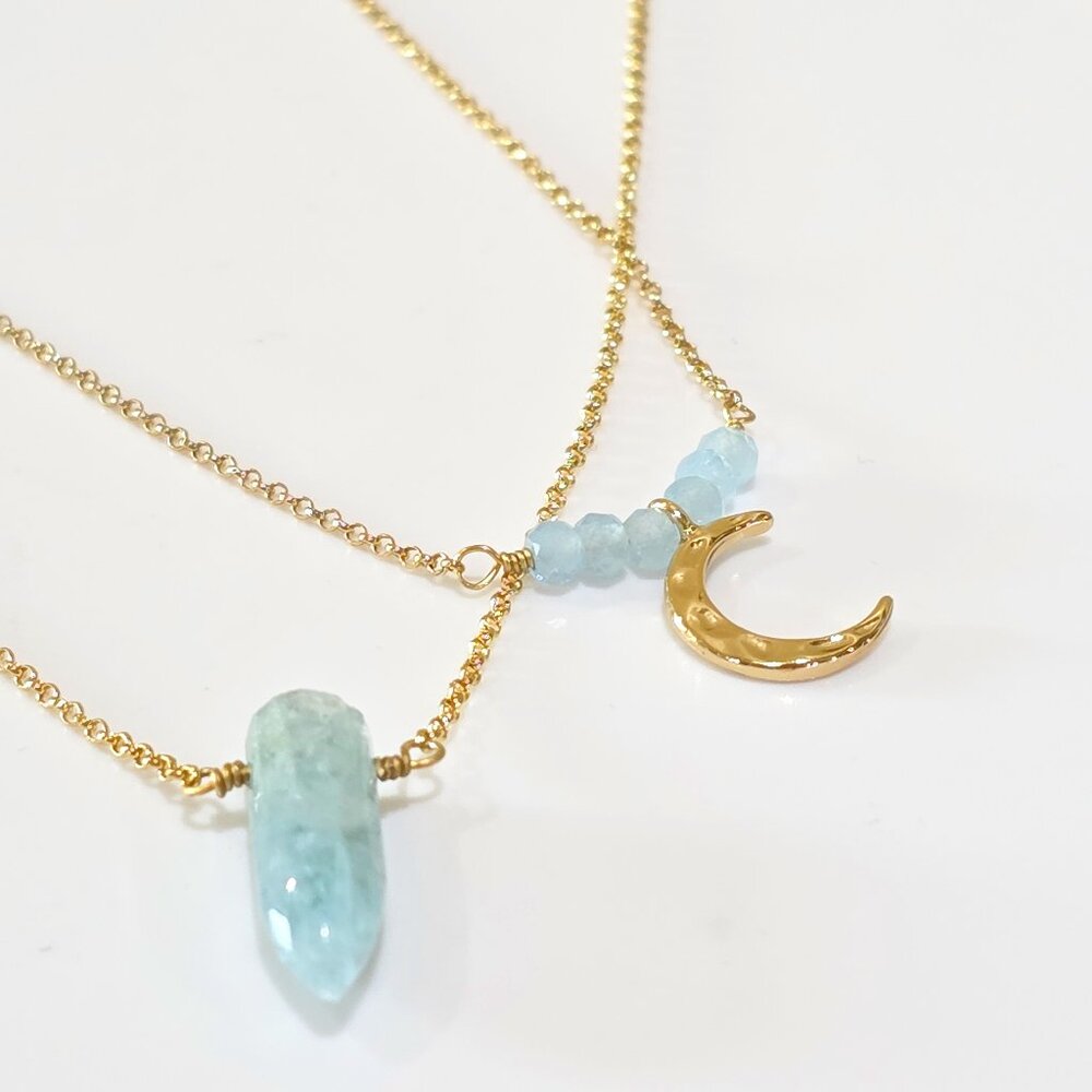 Luna Norte Amazonite Moon 14k Gold Plated Brass 18" & 19" Necklace Set Pair